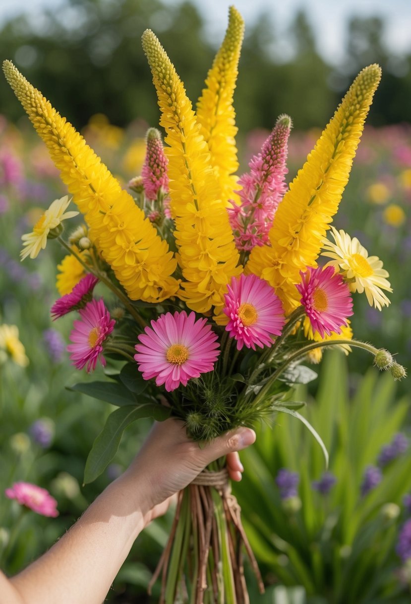 A vibrant bouquet of yellow Craspedia and pink Astrantia wildflowers arranged in a rustic, hand-tied style