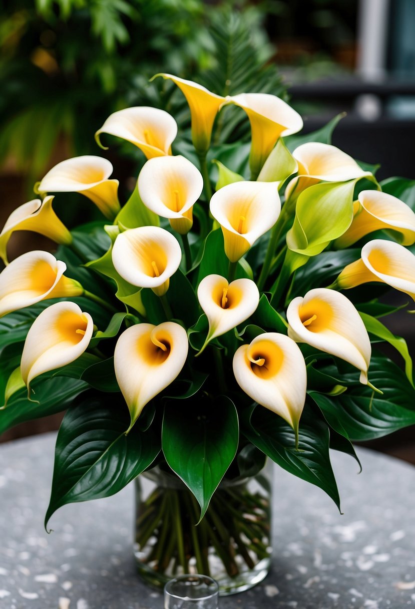 A vibrant bouquet of calla lilies with lush green foliage