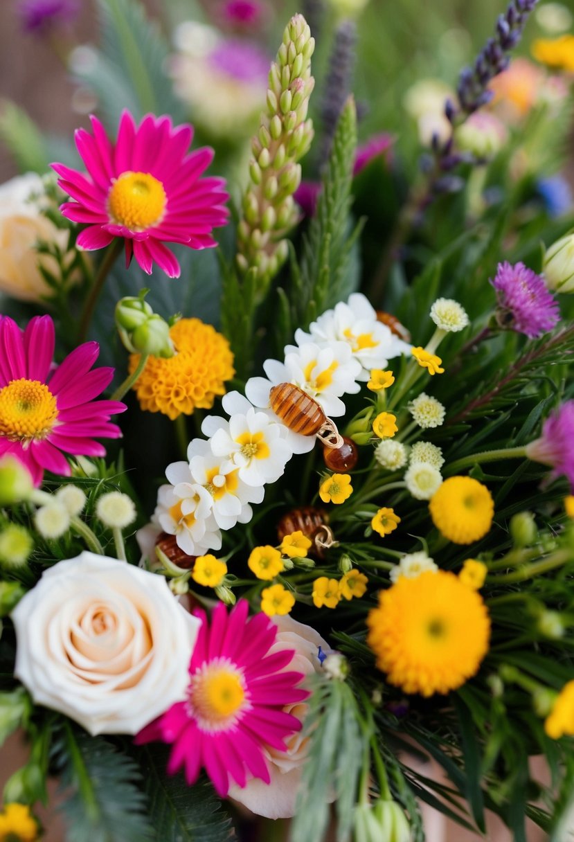 A delicate wax flower and honey bracelet nestled among a vibrant bouquet of wildflowers, creating a harmonious and romantic wedding arrangement