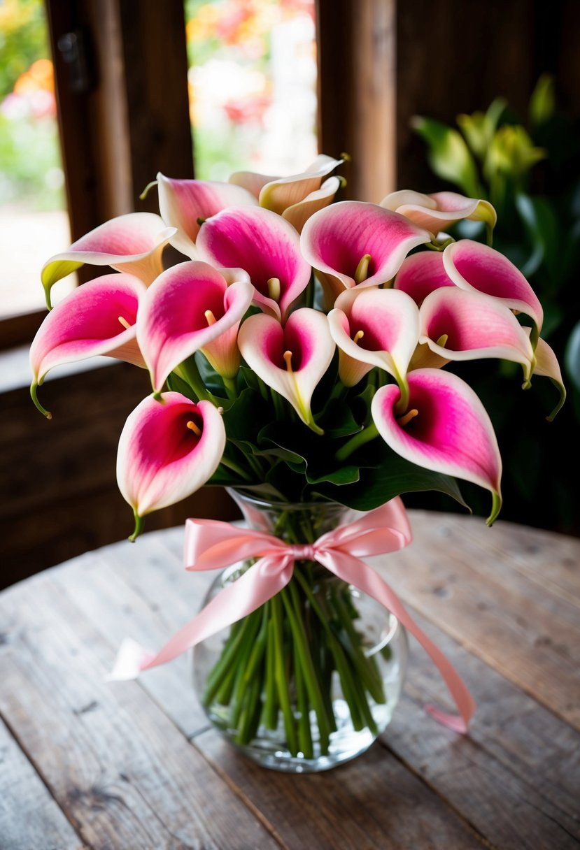 A vibrant bouquet of pink and white calla lilies, tied with a satin ribbon, sits on a rustic wooden table