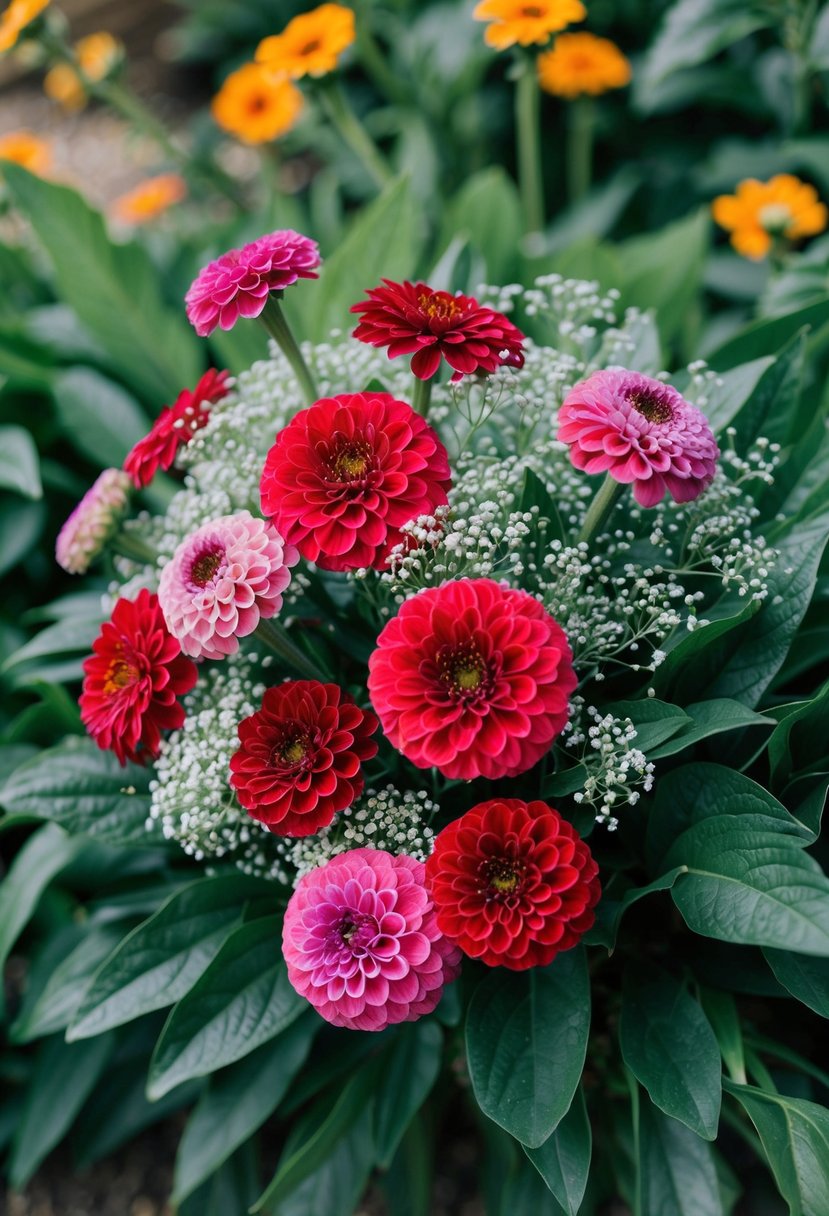 A vibrant bouquet of zinnias and delicate baby's breath nestled among lush greenery