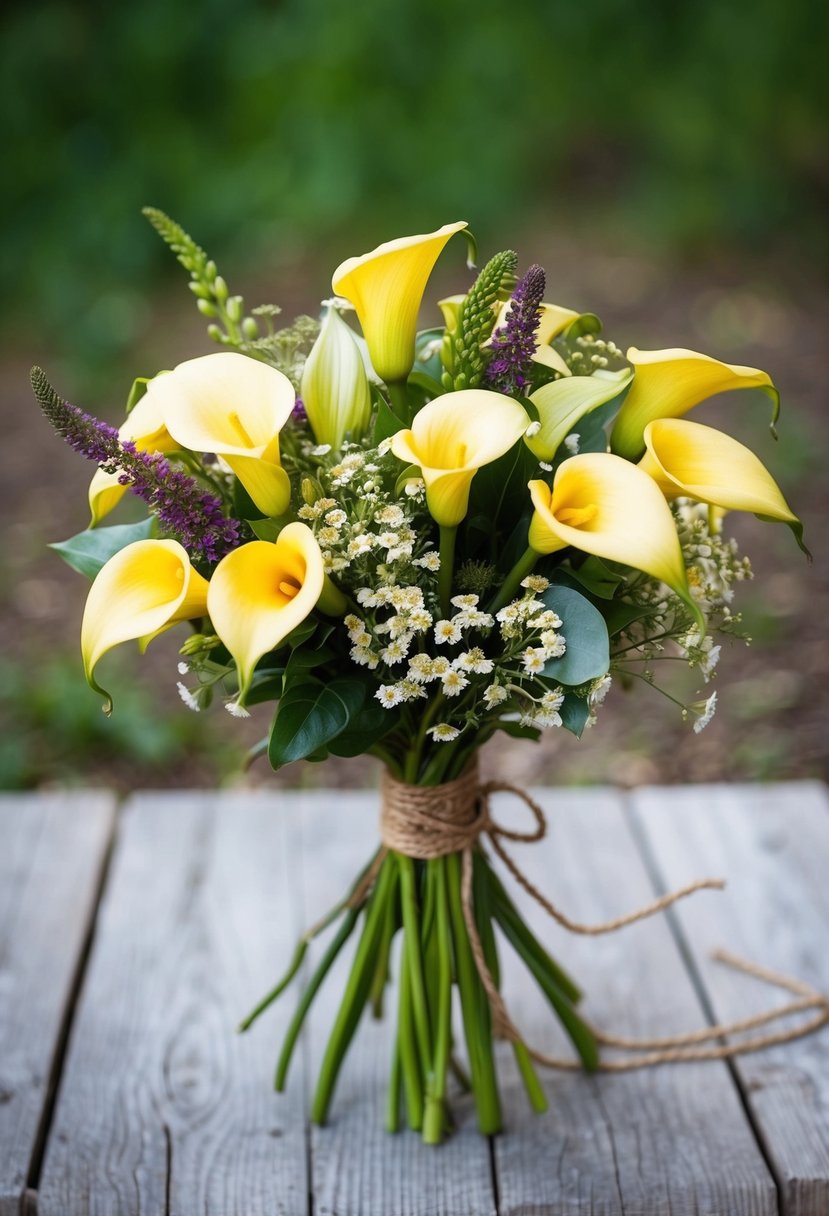 A rustic bouquet of calla lilies and wildflowers, tied with twine