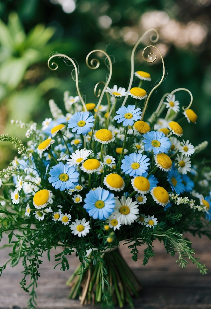 A lush bouquet of forget-me-nots and daisies in a whimsical arrangement, with delicate tendrils and a hint of magic