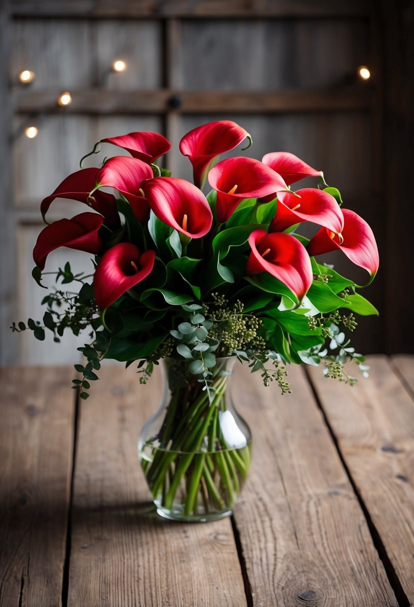 A lush bouquet of red calla lilies, accented with delicate greenery, rests on a rustic wooden table