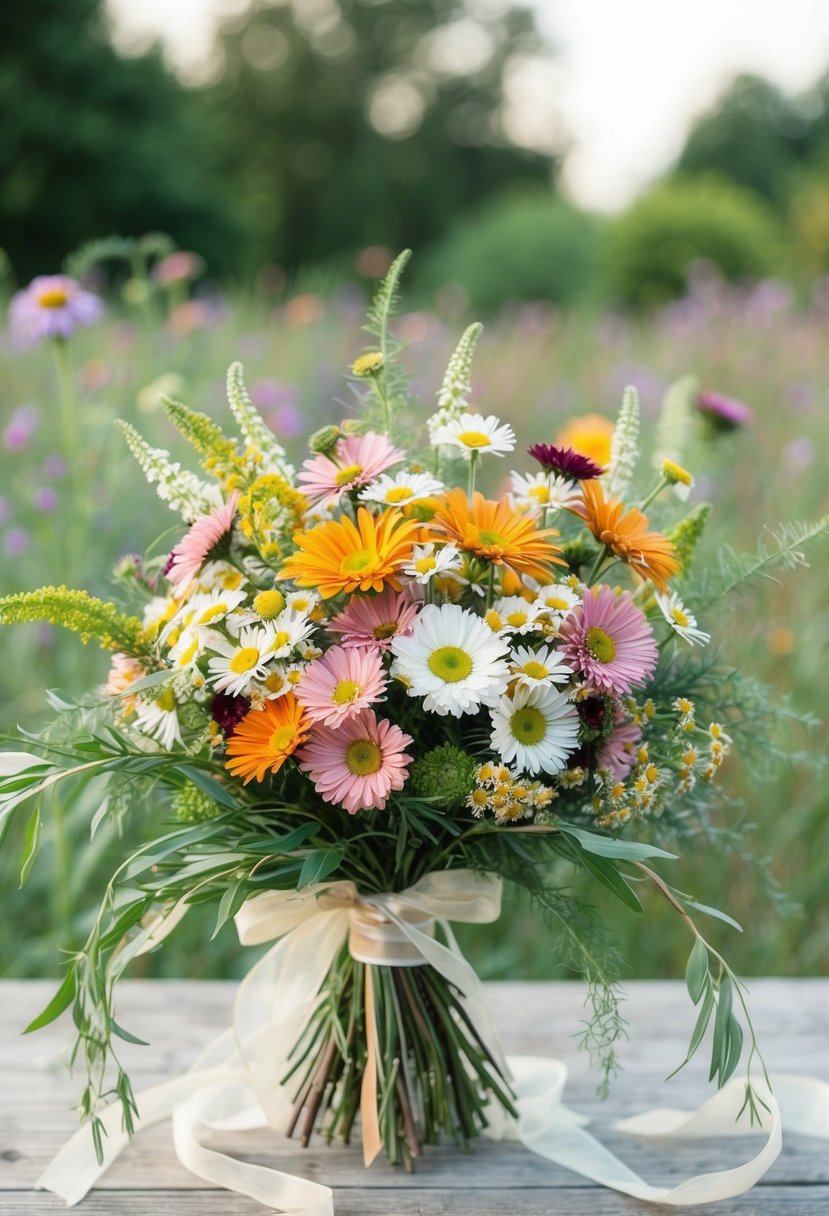 A vibrant bouquet of asters, daisies, and other wildflowers arranged in a rustic, hand-tied style with flowing greenery and delicate ribbon accents