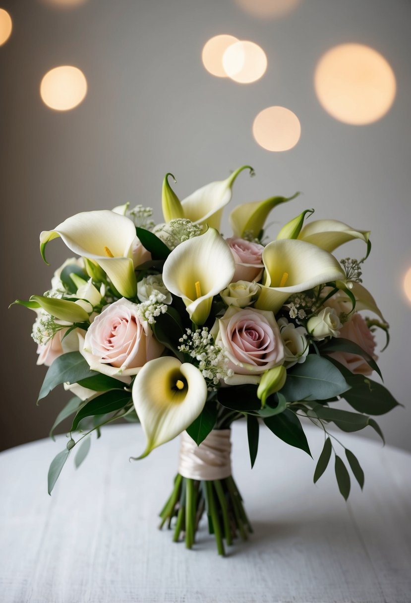 A vintage-inspired wedding bouquet featuring calla lilies and roses in a soft, romantic arrangement