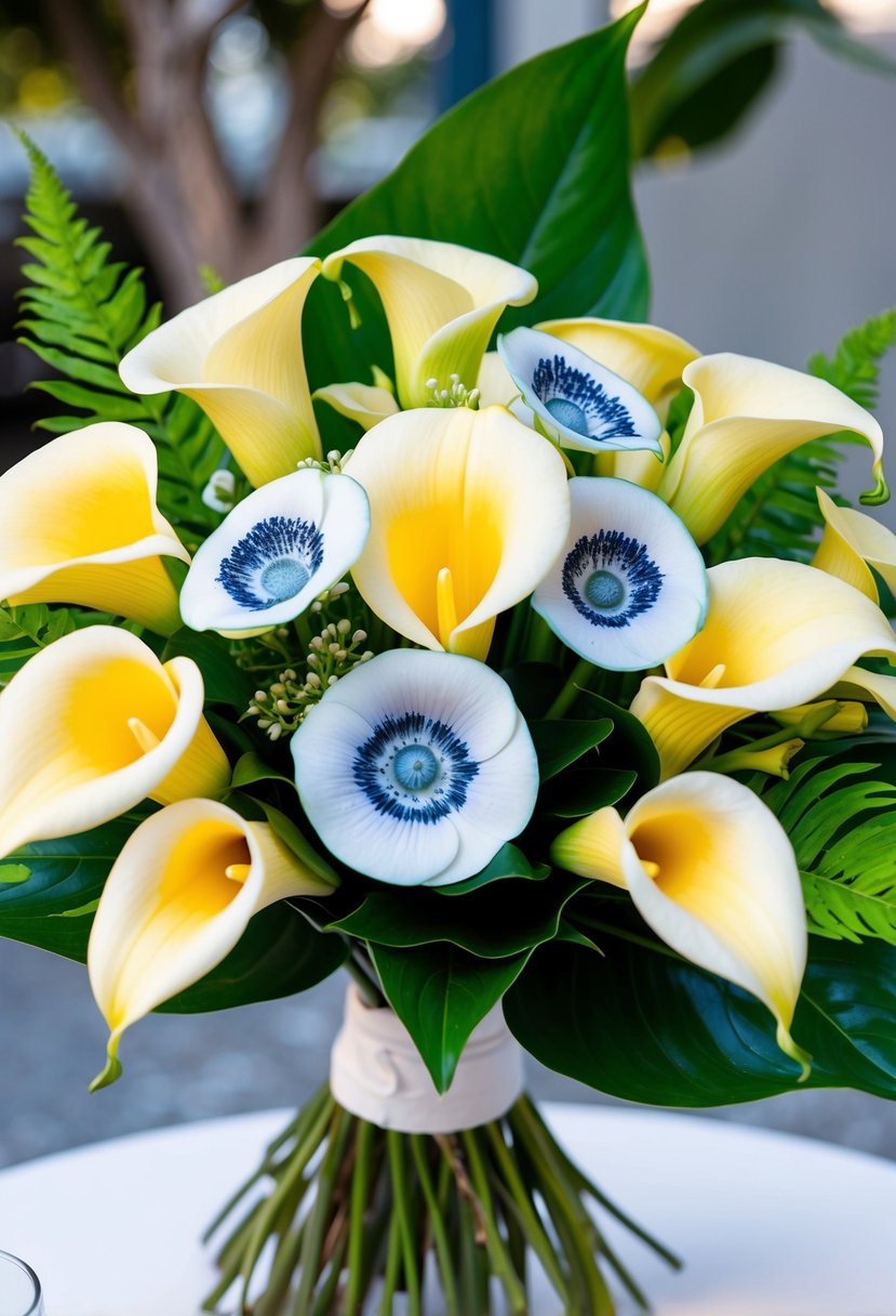 Vibrant tropical calla lilies and anemones arranged in a wedding bouquet, with lush green foliage and a hint of ocean blue