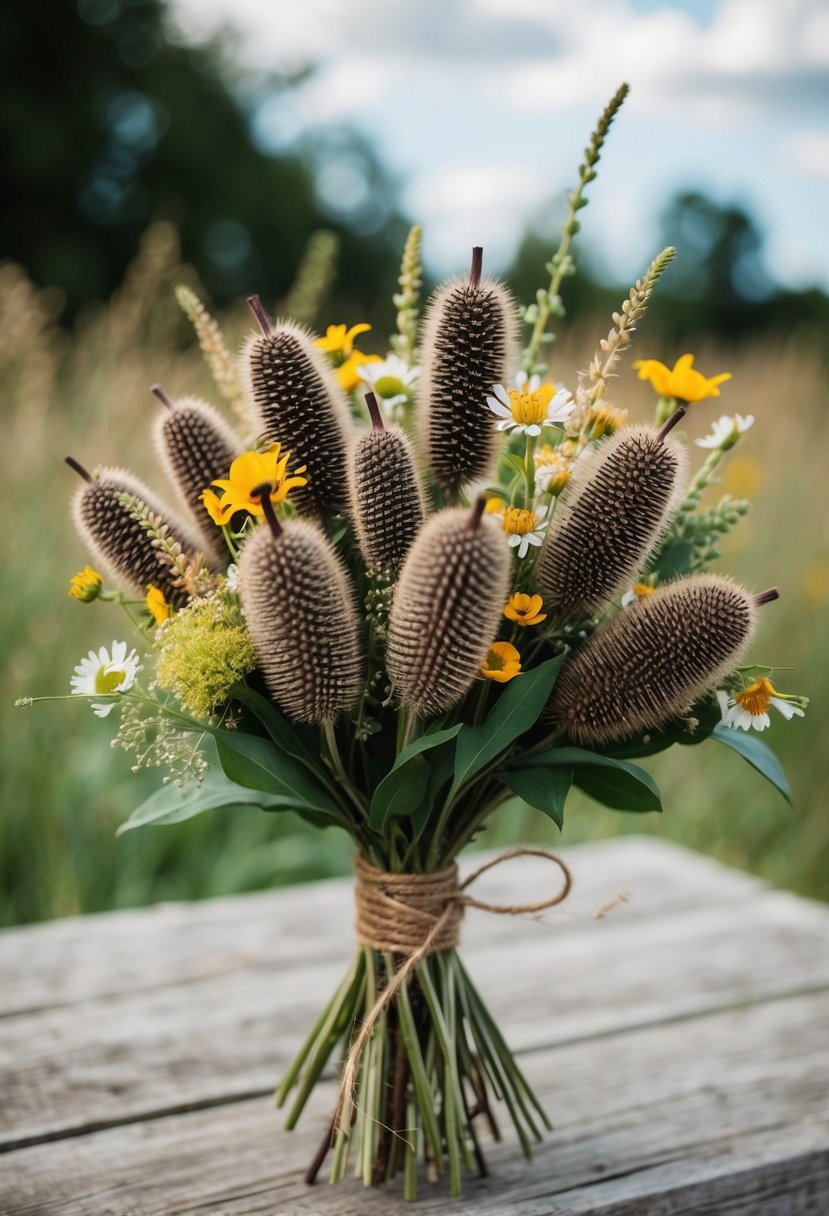 A rustic bouquet of Scabiosa Pods and Surprise wildflowers, tied with twine