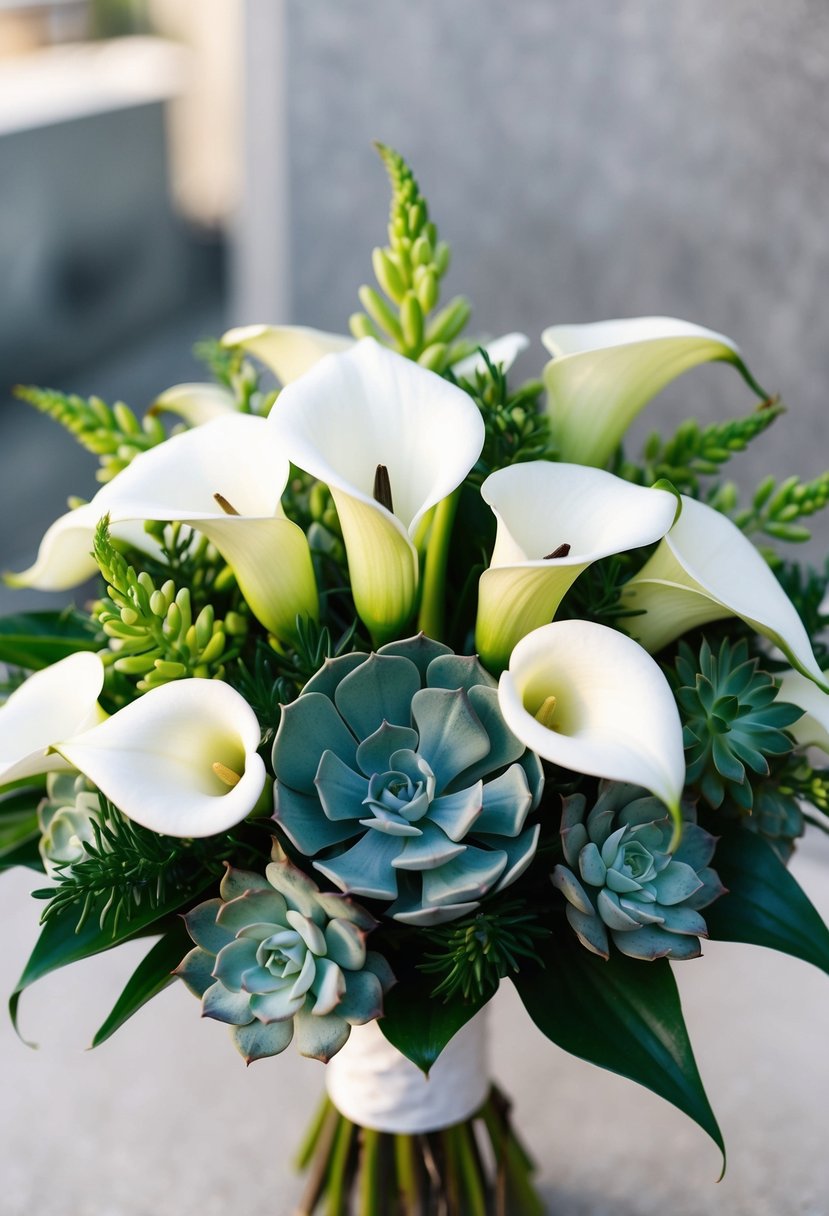 A modern calla lily and succulent wedding bouquet, arranged in a sleek and elegant manner with a mix of white and green tones