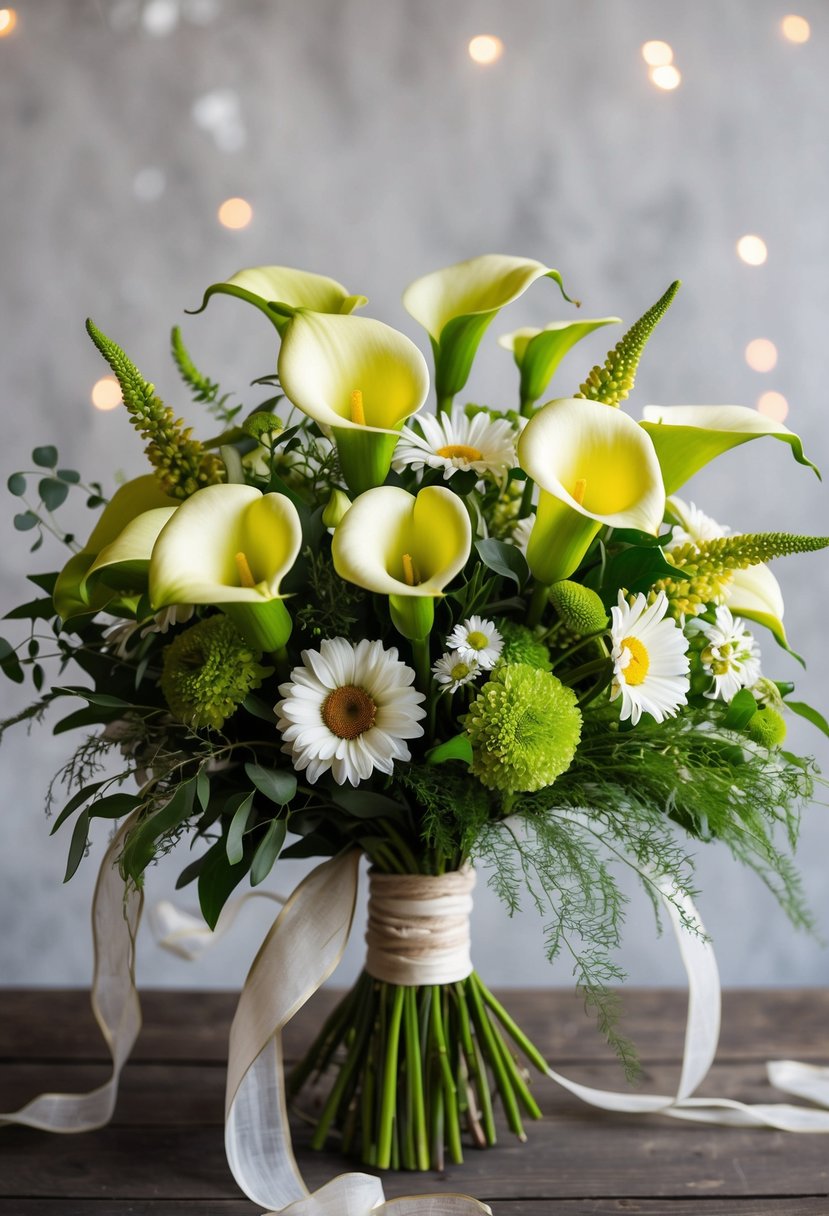 A vibrant bouquet of bohemian calla lilies and daisies, arranged in a rustic, wildflower style with flowing greenery and delicate ribbon accents