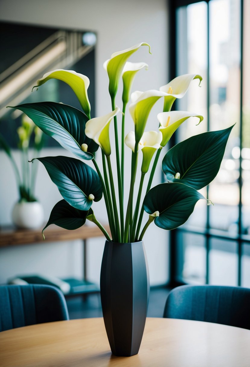 A sleek Art Deco style calla lily bouquet, with long, elegant stems and bold, geometric leaves, arranged in a modern vase