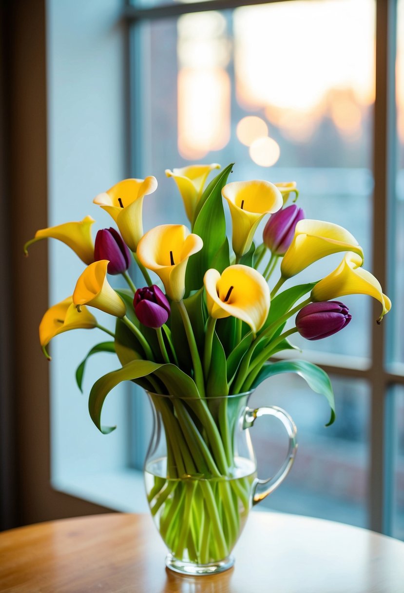 A vibrant bouquet of calla lilies and tulips in full bloom