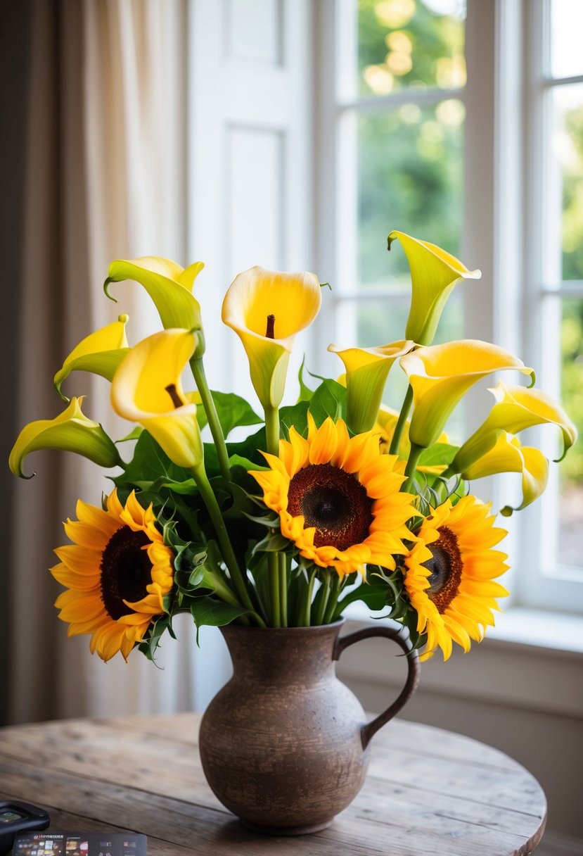 A vibrant bouquet of calla lilies and sunflowers arranged in a rustic vase on a wooden table, with soft sunlight streaming through a nearby window