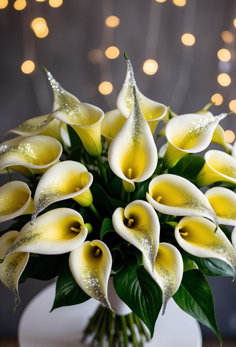 Vibrant calla lilies with sparkling glitter accents arranged in a stunning wedding bouquet