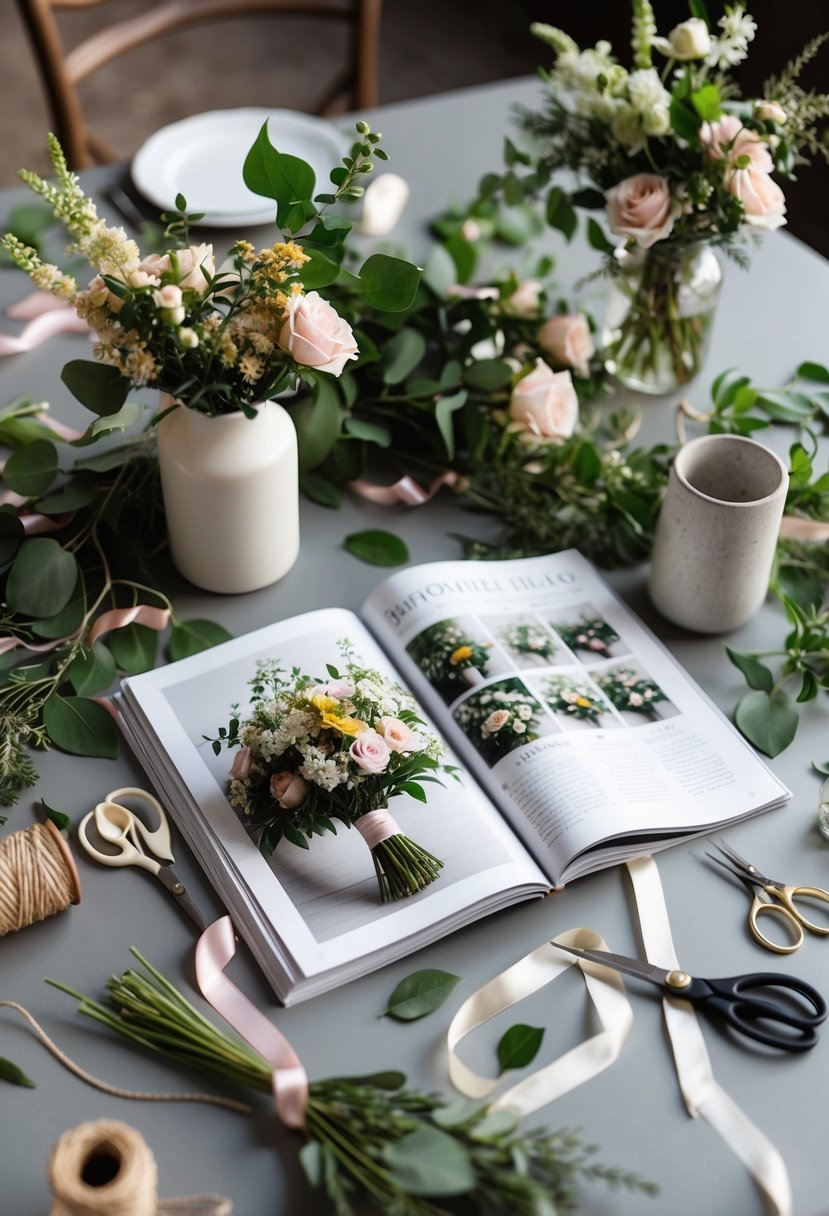 A table scattered with flowers, ribbons, and greenery. Scissors, twine, and vases nearby. A bride's magazine open to a page of bouquet ideas