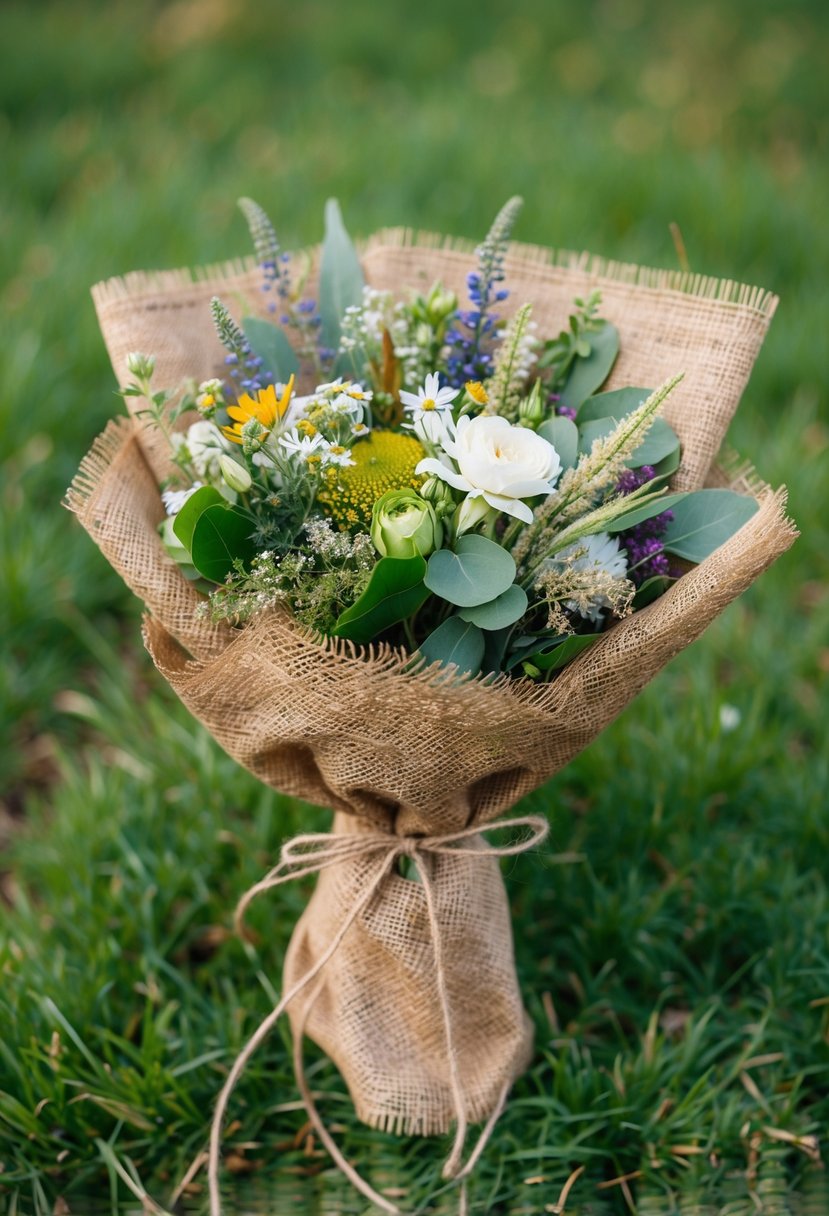 A rustic bouquet wrapped in burlap, tied with twine, and filled with wildflowers and greenery