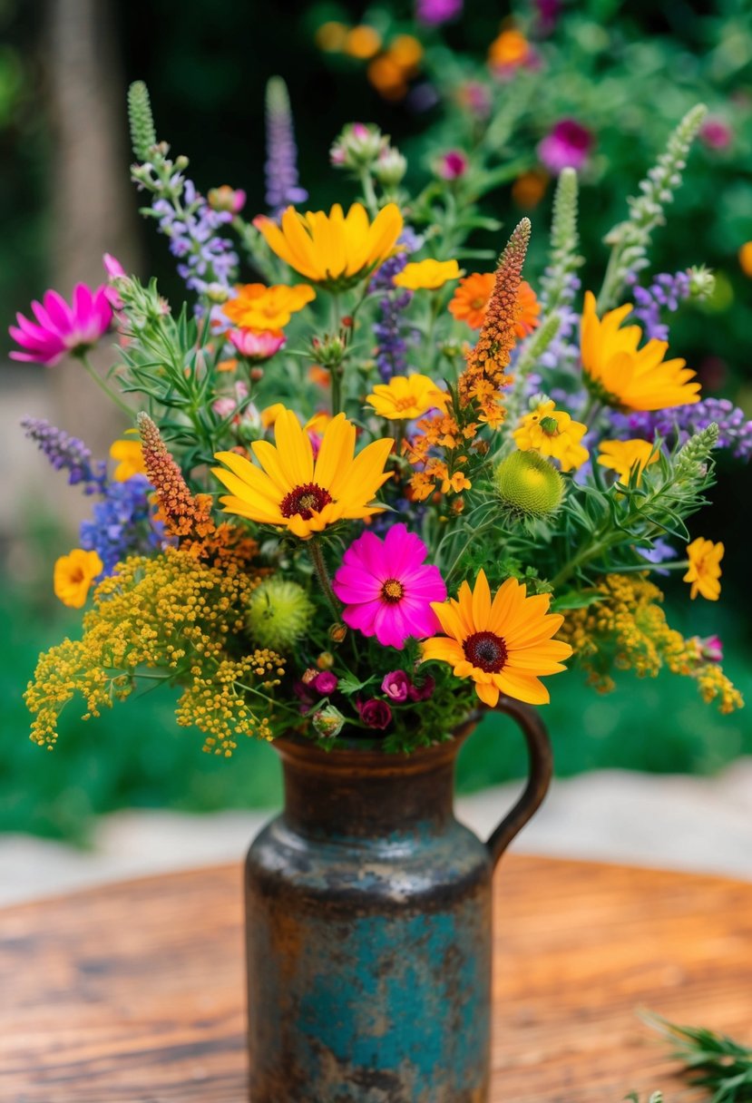 A colorful arrangement of wildflowers in a rustic vase, with vibrant blooms and greenery