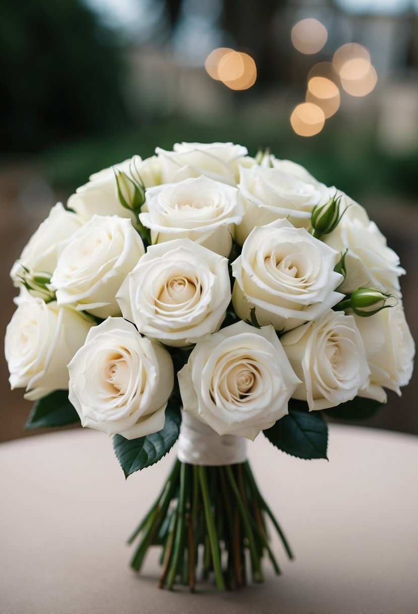 A cluster of elegant white roses arranged in a DIY wedding bouquet