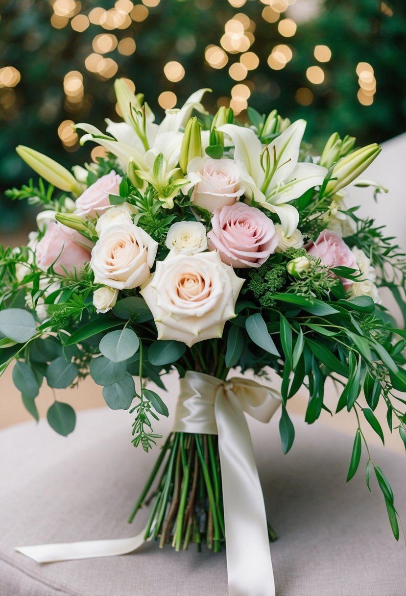 A vintage-inspired bridal bouquet with cascading roses, lilies, and greenery, tied with a satin ribbon