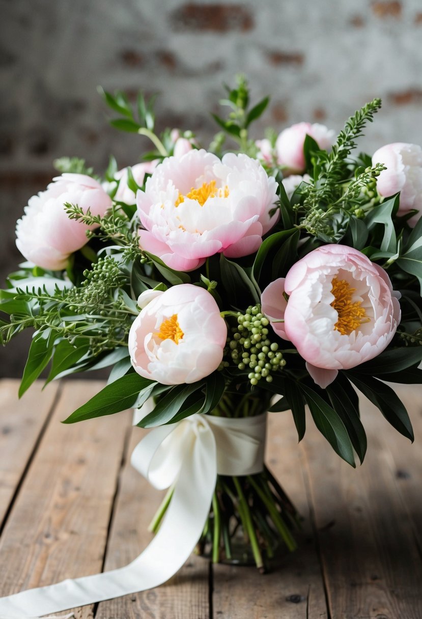 A chic pink peony bouquet with greenery and ribbon, arranged on a rustic wooden table