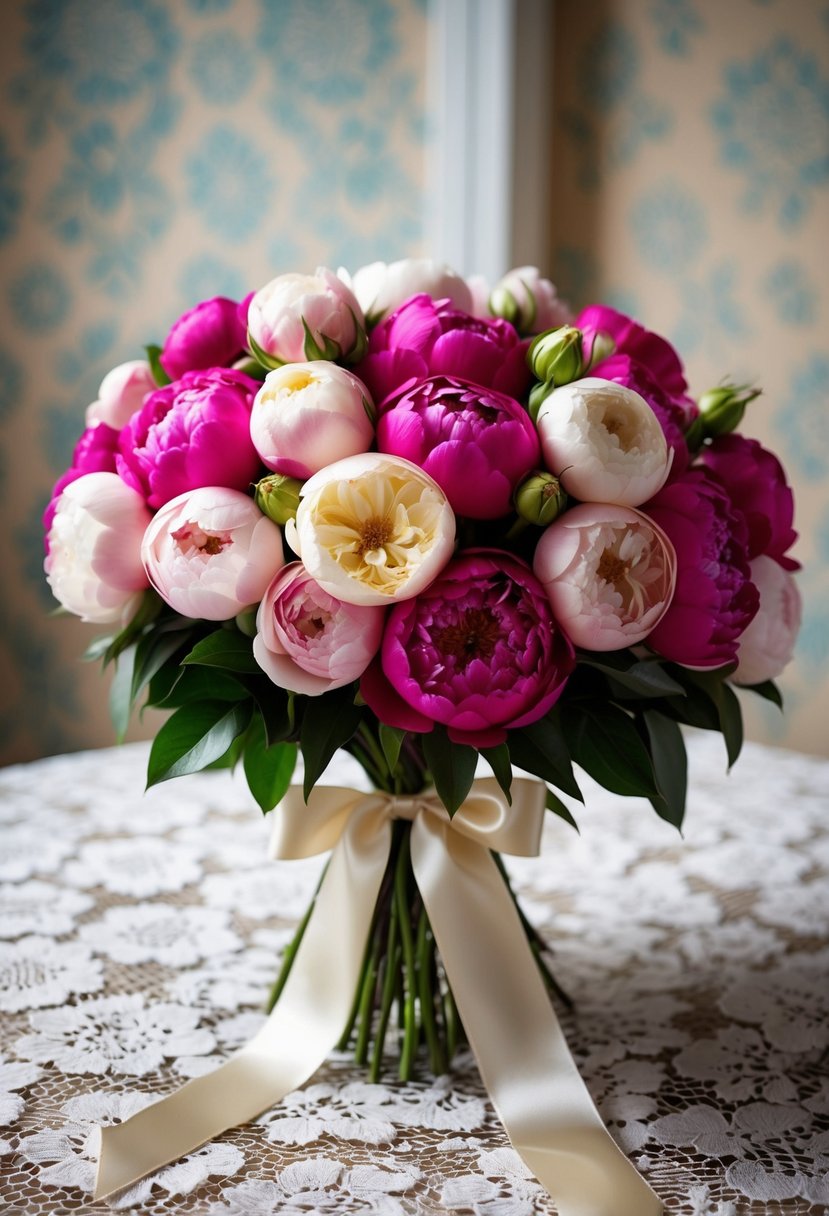 A lush bouquet of roses and peonies tied with satin ribbon rests on a vintage lace tablecloth