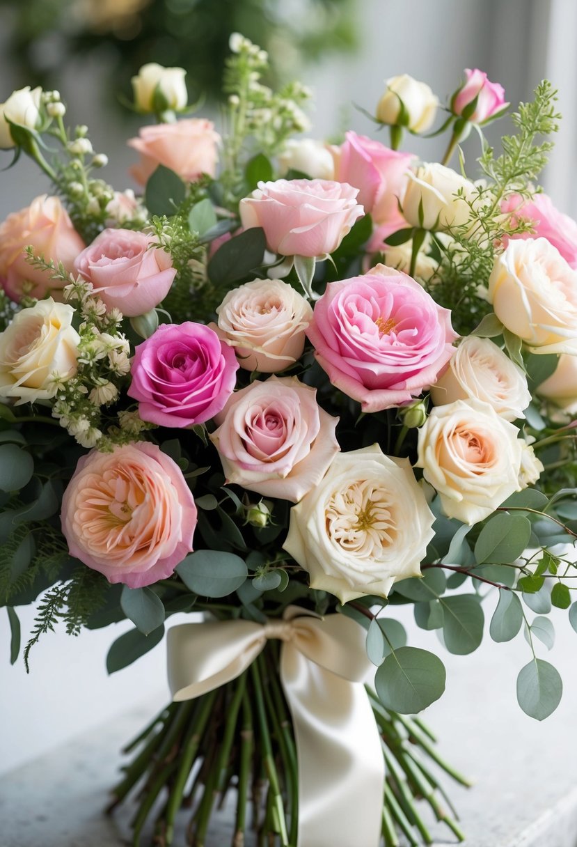 A lush bouquet of garden roses, in various shades of pink and cream, arranged with delicate greenery and tied with a satin ribbon