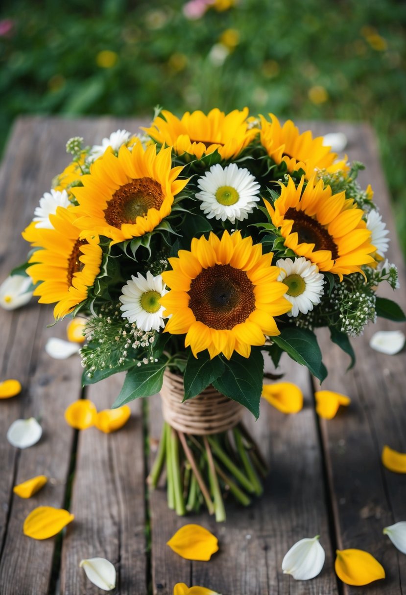 A rustic wooden table adorned with a vibrant bouquet of sunflowers and daisies, surrounded by scattered petals and greenery