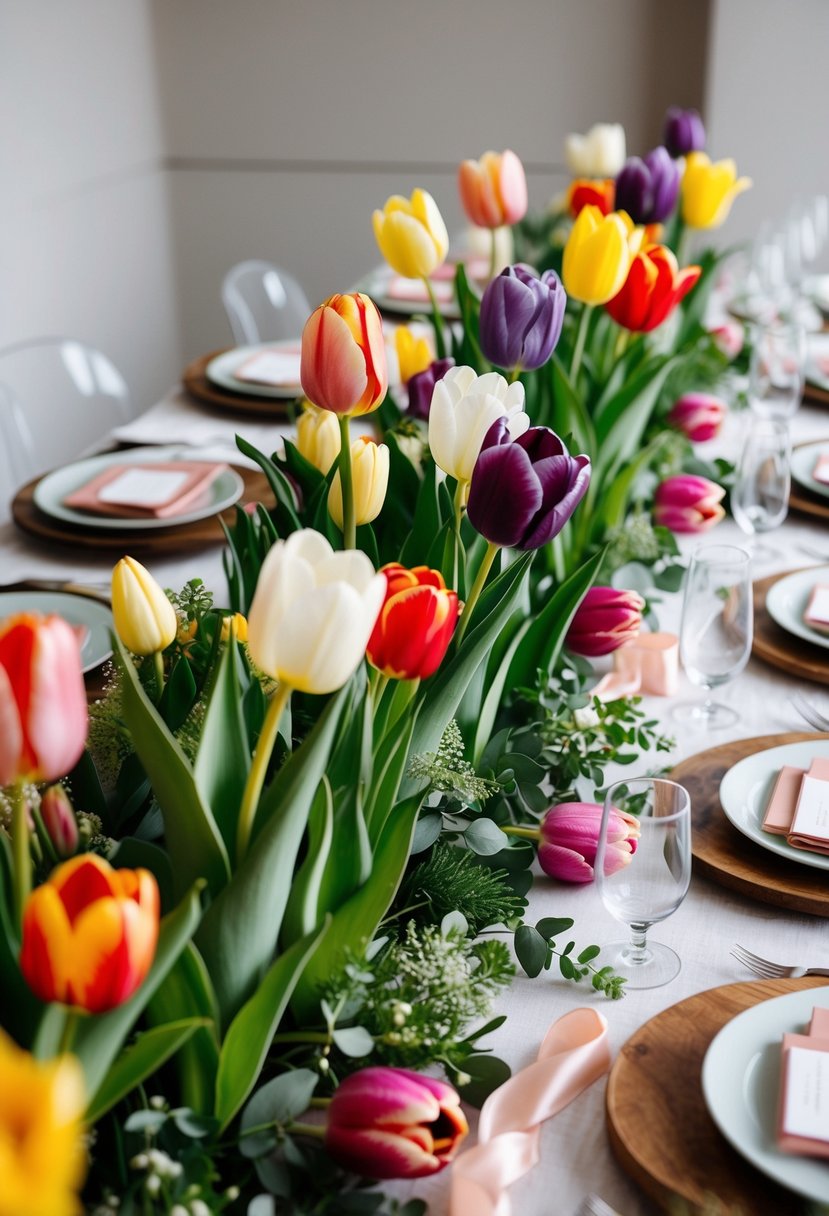 A table adorned with a variety of tulips in different colors and sizes, along with greenery and ribbons, arranged in a loose and romantic fashion