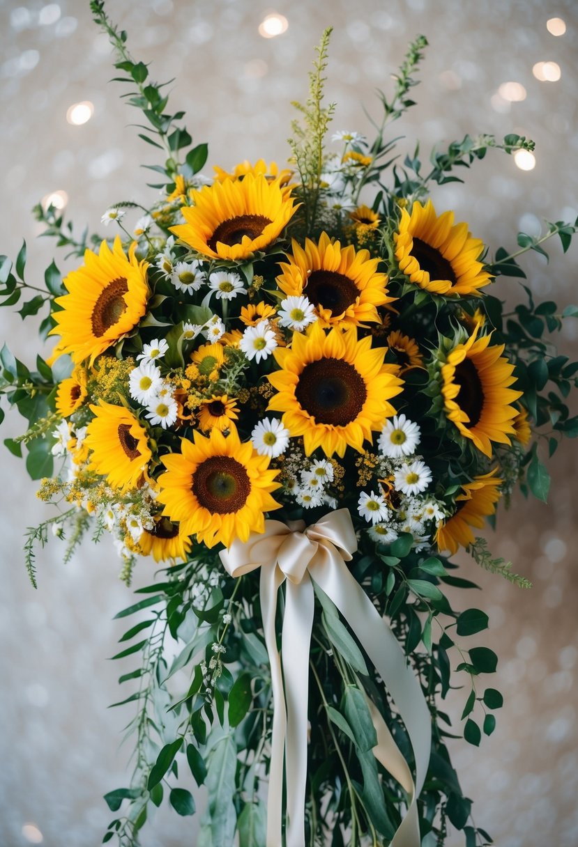 A vibrant bouquet of sunflowers and daisies arranged in a vintage-inspired, cascading style, with delicate greenery and ribbon accents