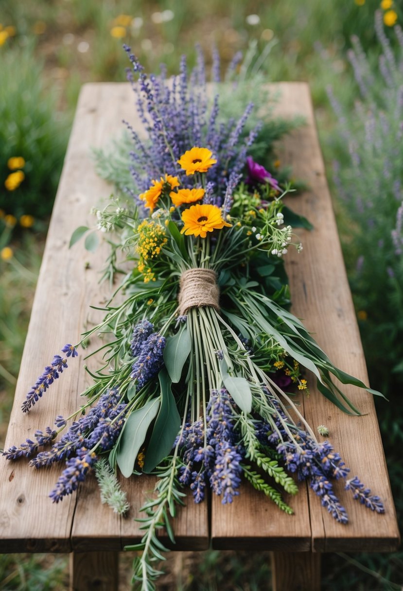 A rustic wooden table holds a colorful array of lavender, wildflowers, and greenery, ready to be assembled into a bohemian-inspired DIY wedding bouquet