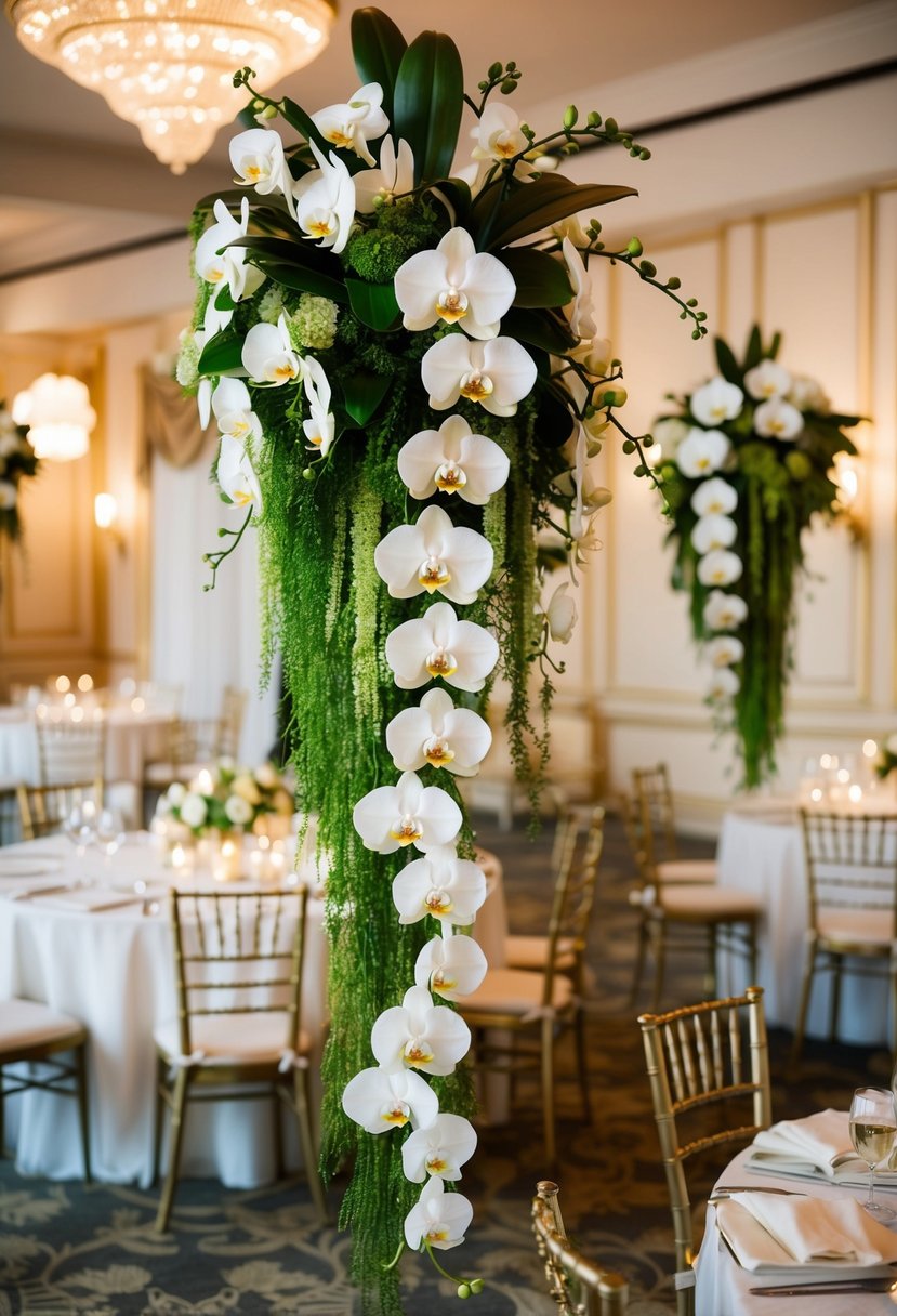 Lush, cascading orchid bouquets in a 1920s wedding setting with vintage decor and soft lighting