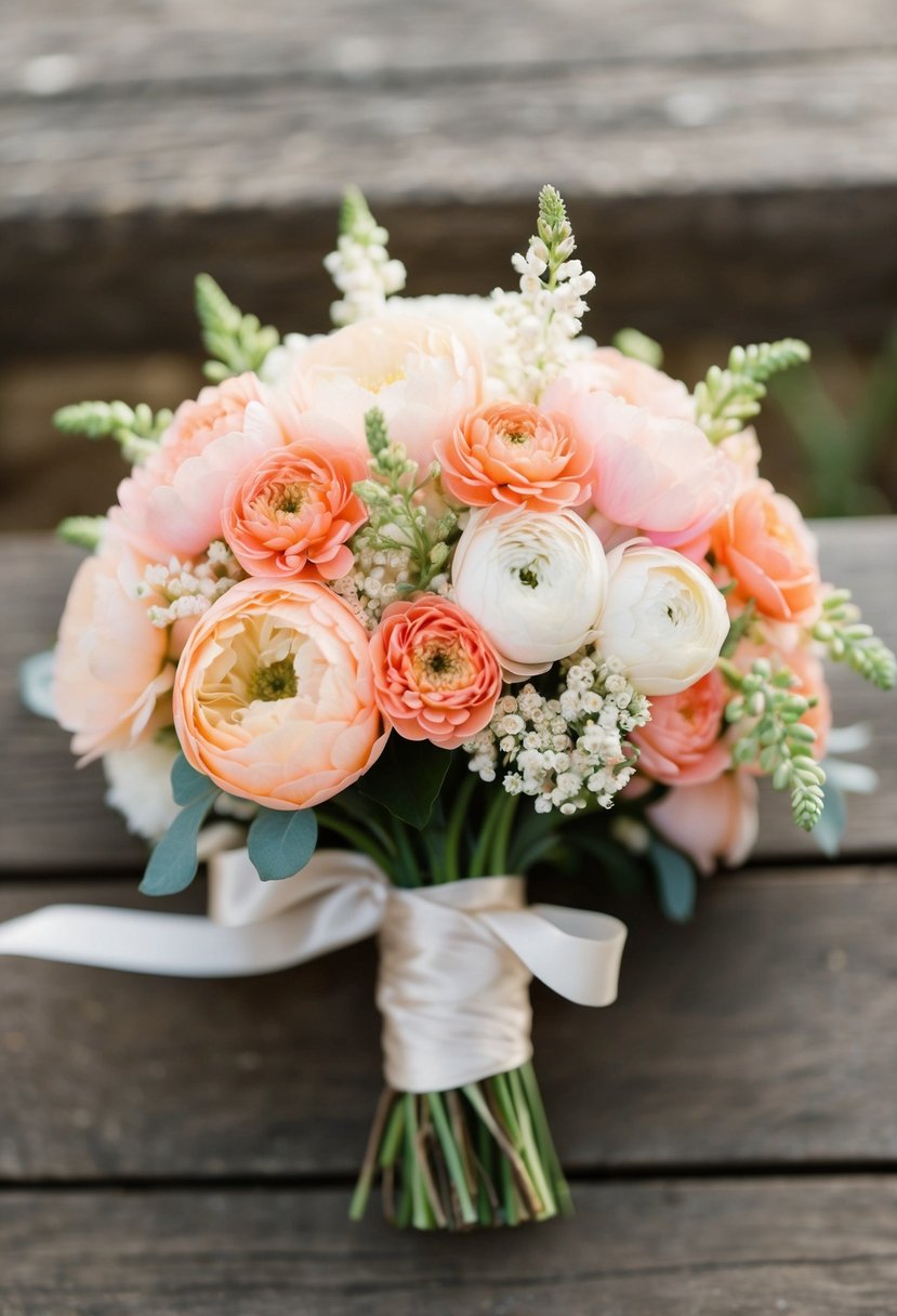 A pastel-hued wedding bouquet featuring peach and coral charm flowers, tied with a delicate ribbon