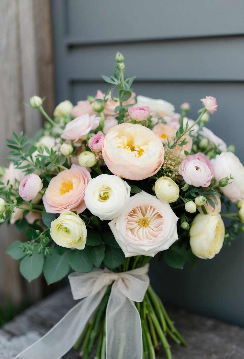 A lush bouquet of garden roses and ranunculus in soft pastel colors, tied with a delicate ribbon