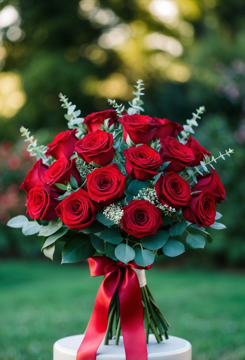 A classic red rose bouquet arranged with greenery and tied with a satin ribbon