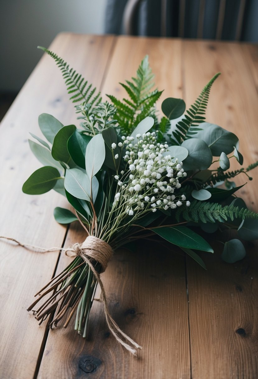 A simple bouquet of eucalyptus, ferns, and baby's breath tied with twine on a wooden table