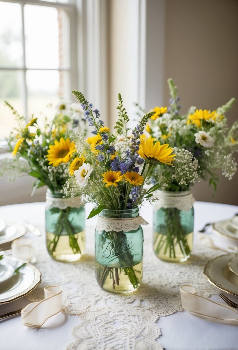 A table adorned with wildflower bouquets in mason jars, surrounded by vintage lace and delicate ribbon