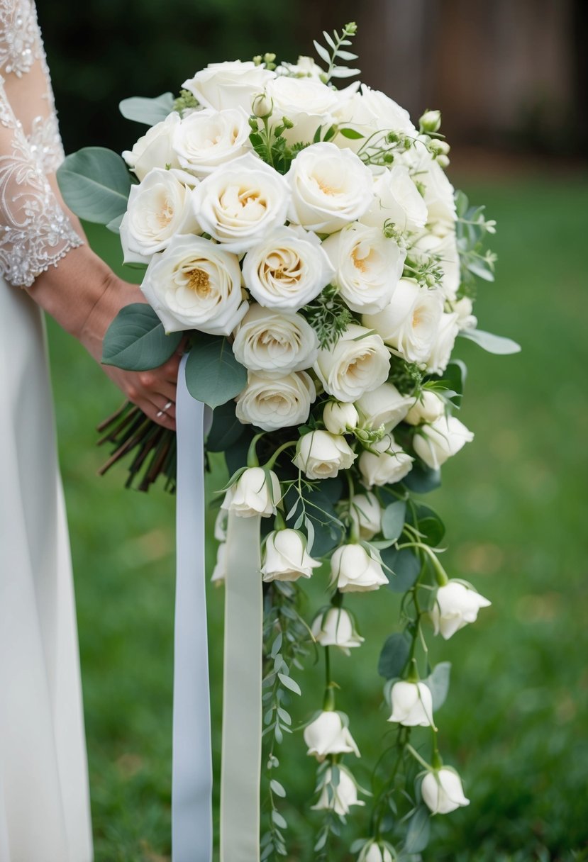 A vintage 1920s wedding bouquet of classic white roses in a delicate, cascading arrangement with trailing greenery and satin ribbon