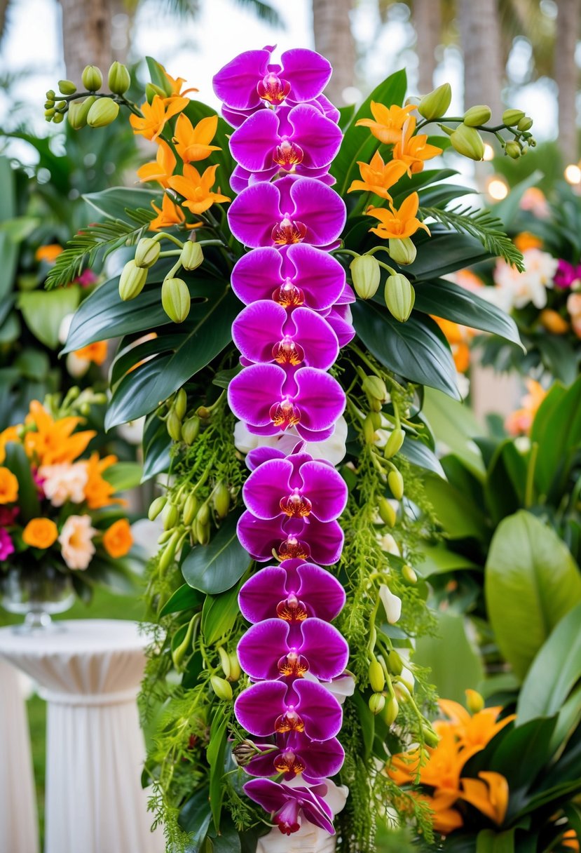 A vibrant assortment of tropical orchids and lush greenery arranged in a cascading bouquet