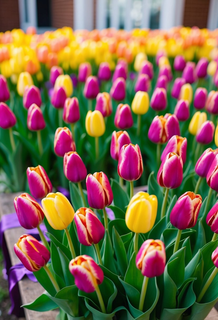 A vibrant array of tulip bundles arranged in a 1920s wedding bouquet