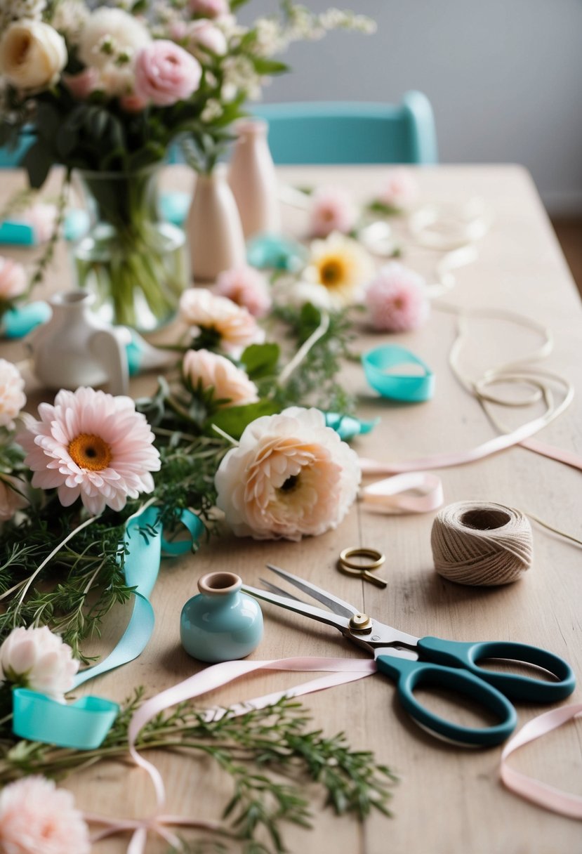 A table scattered with pastel flowers, ribbons, and greenery. Scissors, vases, and twine are nearby