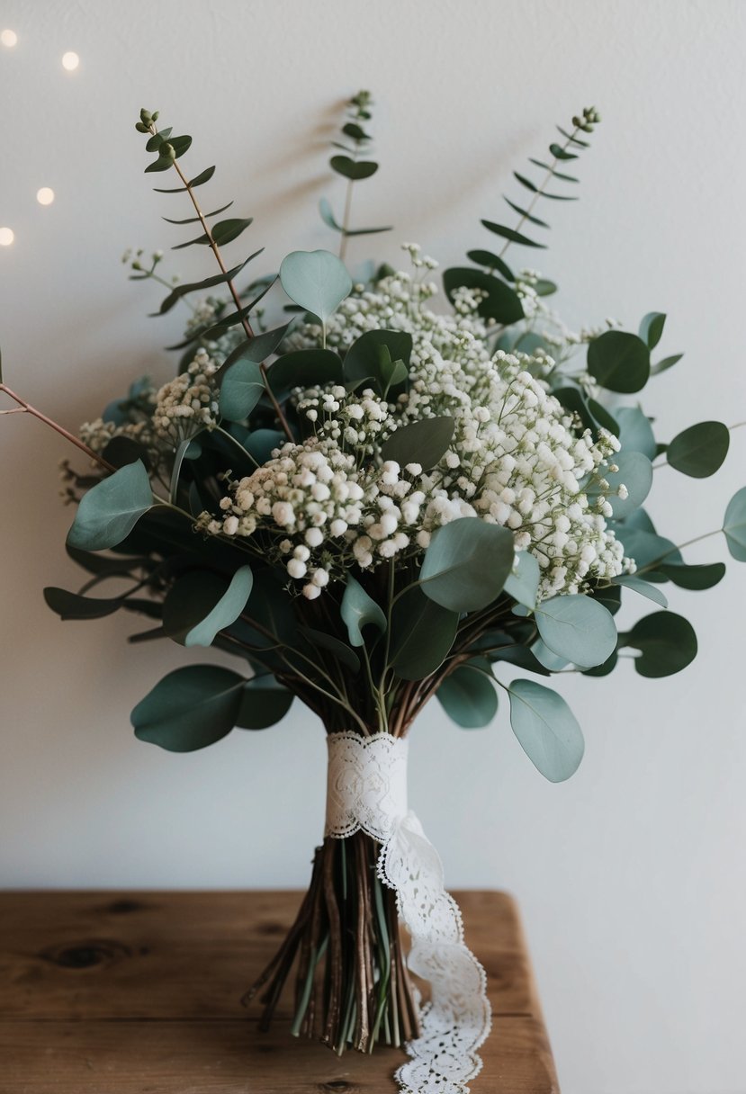 A vintage-inspired wedding bouquet with eucalyptus and baby's breath, tied with lace ribbon