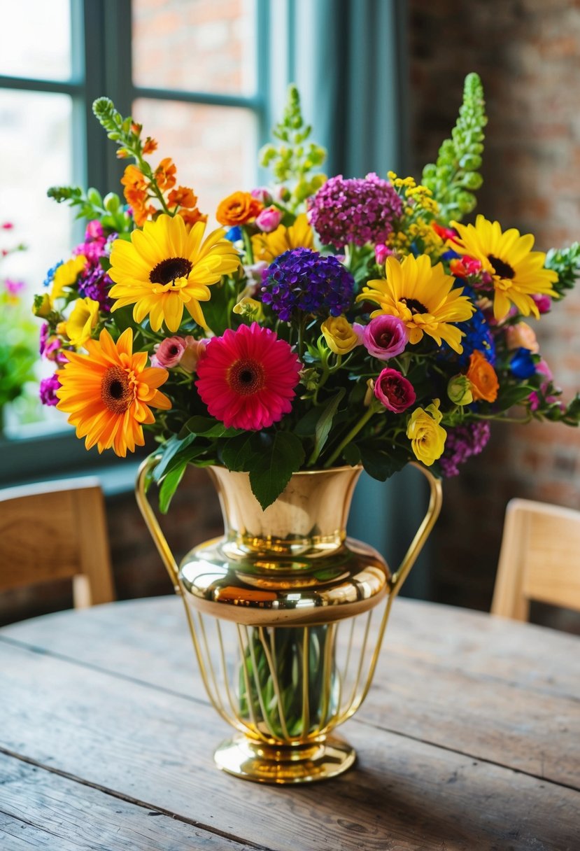 A bouquet of colorful flowers arranged in a gold-framed glass vase on a rustic wooden table