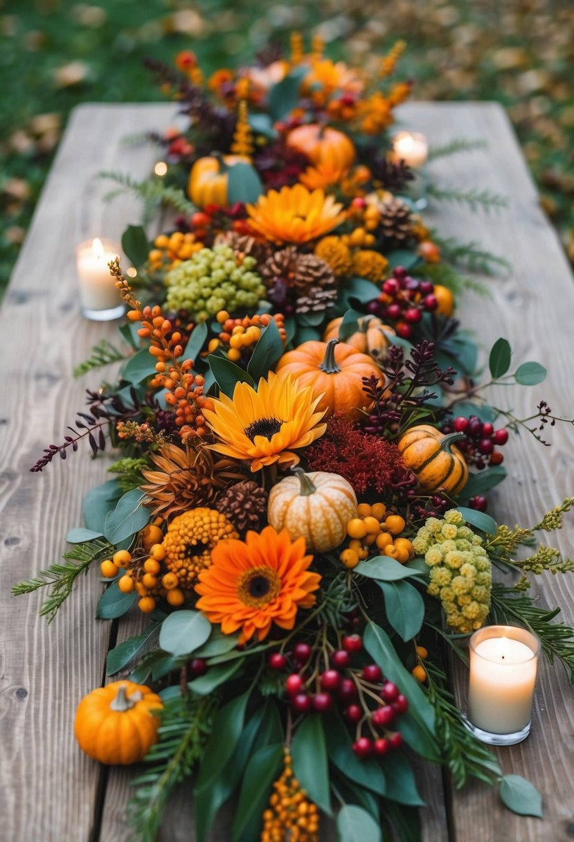 A rustic wooden table adorned with a variety of autumn-hued flowers, berries, and foliage, arranged in a loose and organic style