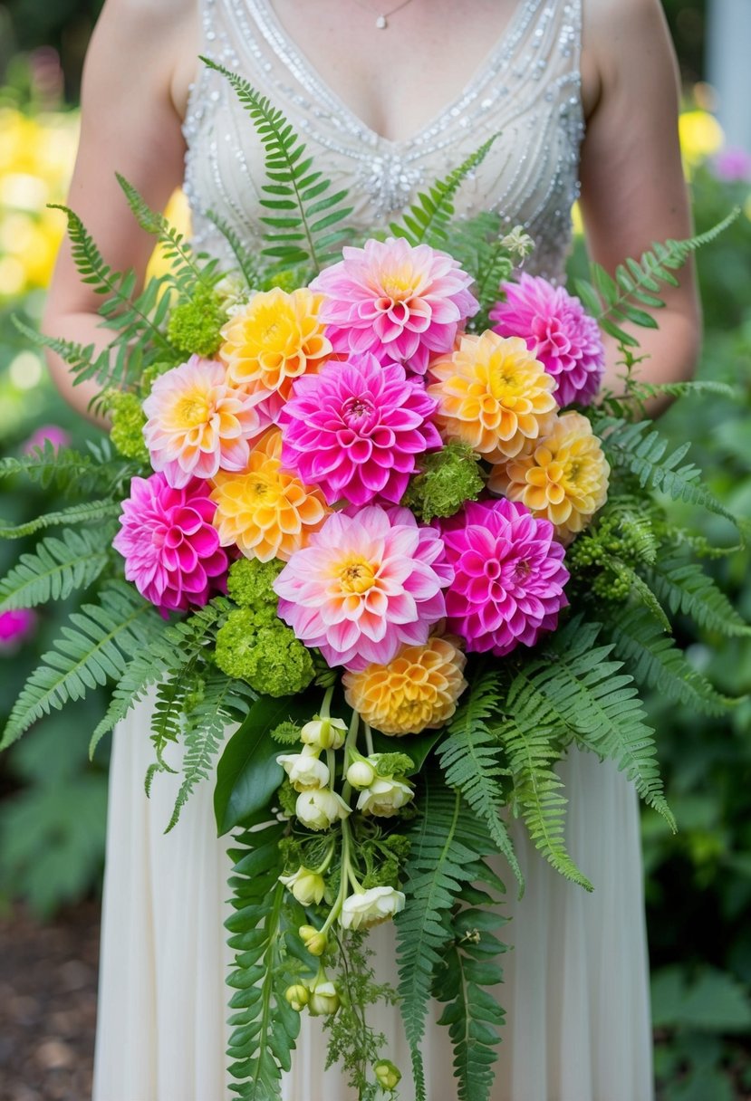 Vibrant dahlias and delicate ferns arranged in a cascading 1920s wedding bouquet