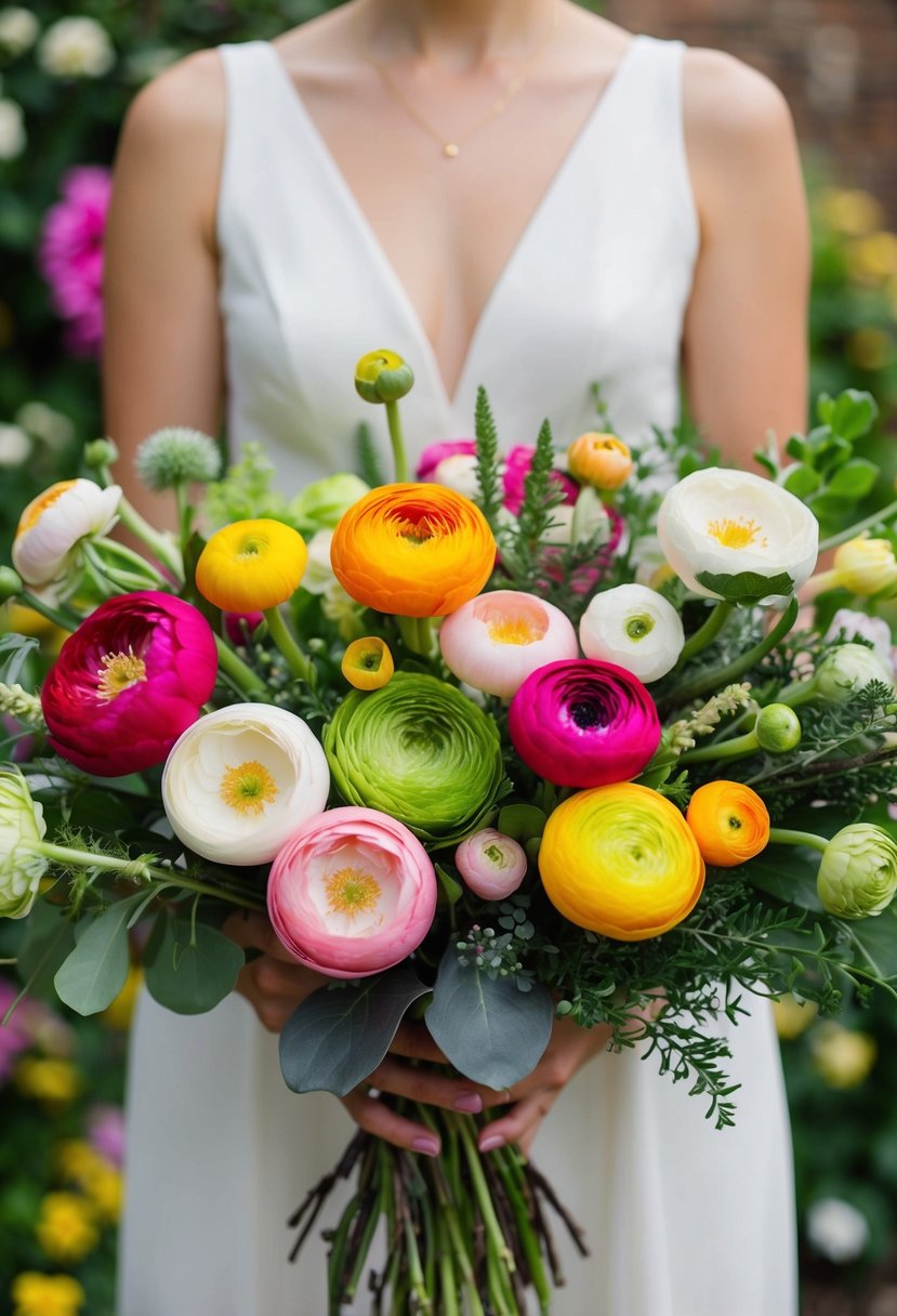 A colorful array of ranunculus flowers and greenery arranged in a whimsical and organic style, with a mix of sizes and textures for a DIY wedding bouquet