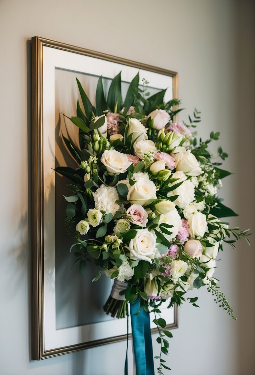 A beautiful wedding bouquet is carefully taken apart and arranged into a stunning wall art piece, framed and ready to be displayed