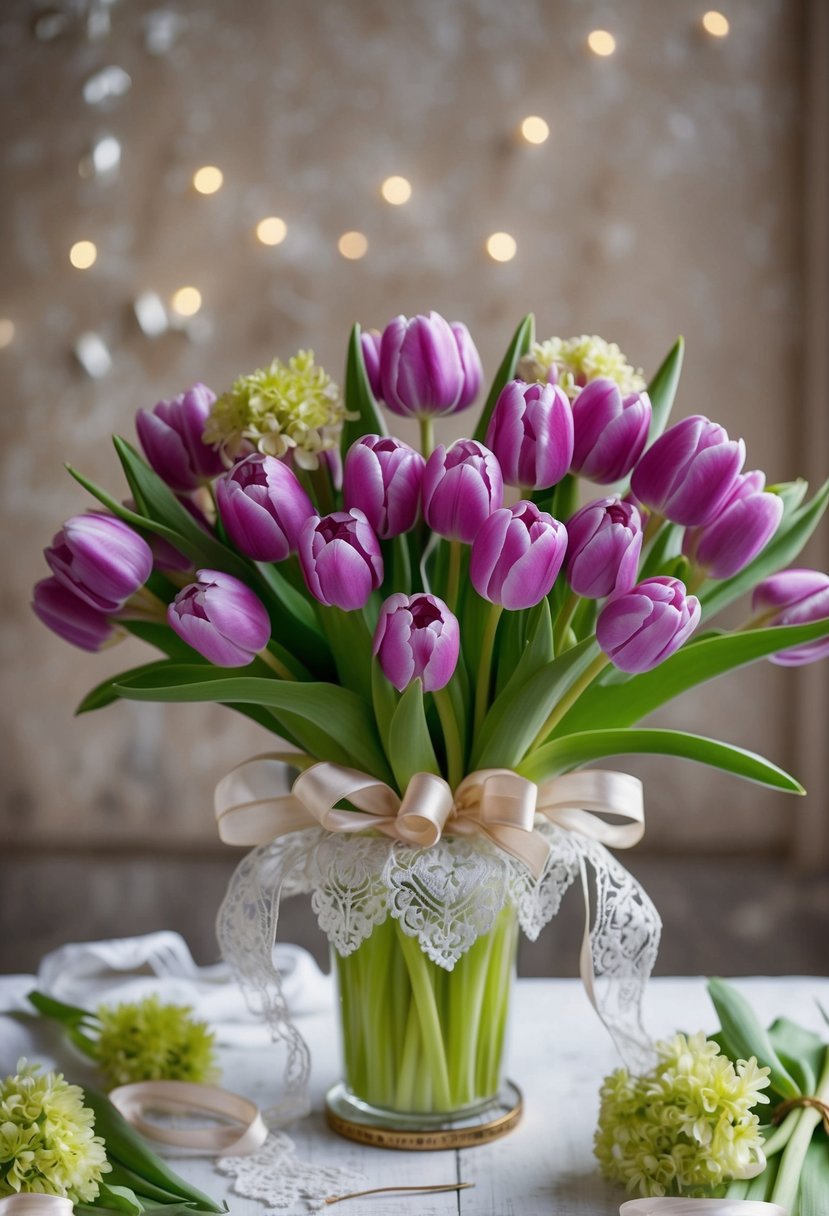 A vibrant bouquet of spring tulips and hyacinths arranged in a vintage 1920s style, with delicate ribbons and lace accents