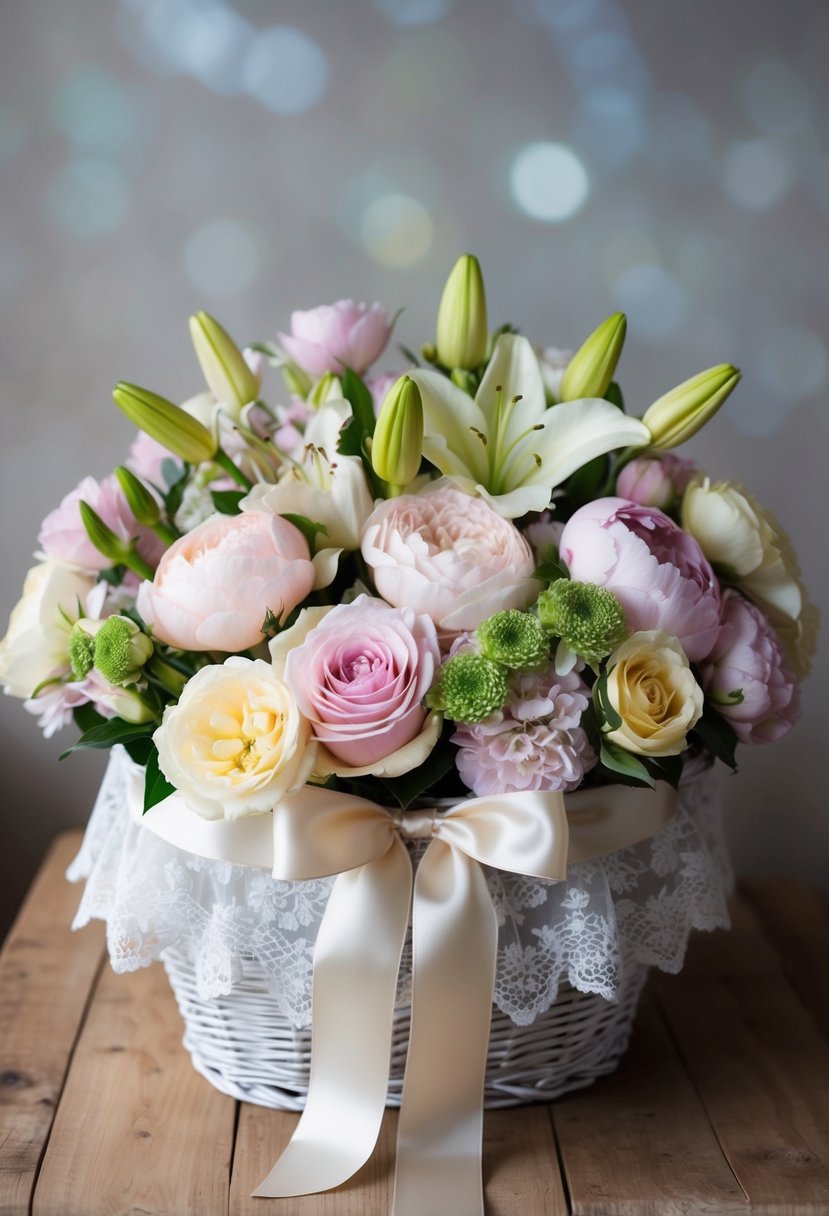 A lush bouquet of roses, peonies, and lilies in soft pastel hues, tied with a satin ribbon, nestled in a delicate lace-lined basket