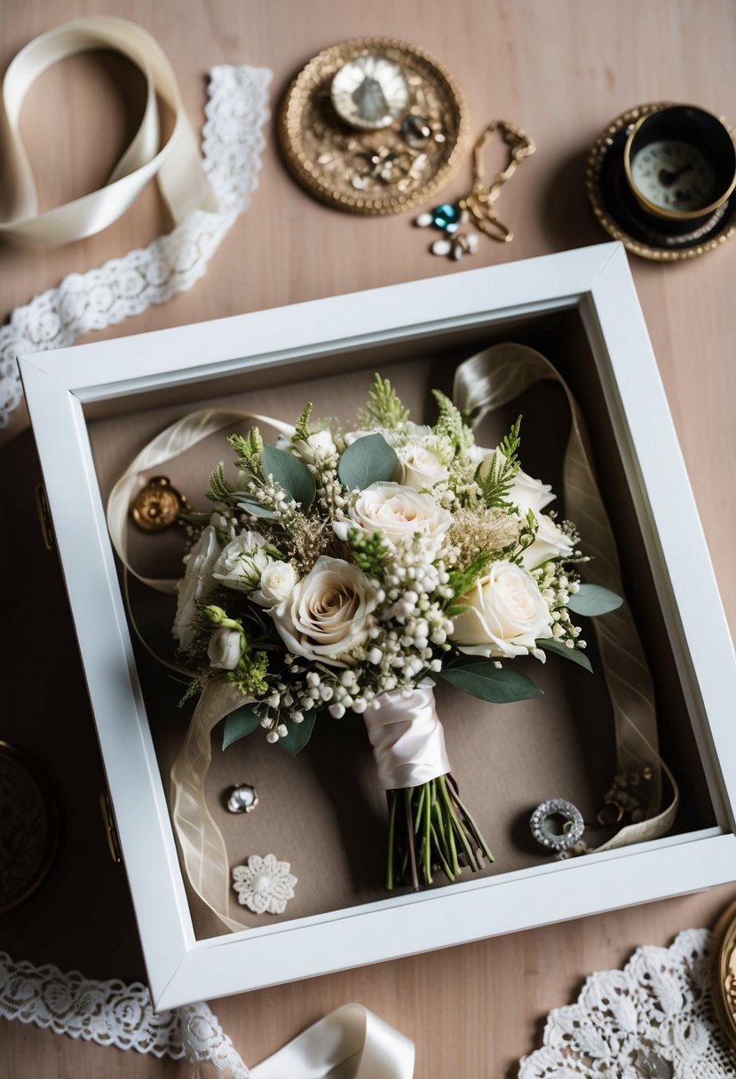 A shadow box filled with a preserved wedding bouquet, surrounded by decorative elements such as ribbons, lace, and small trinkets