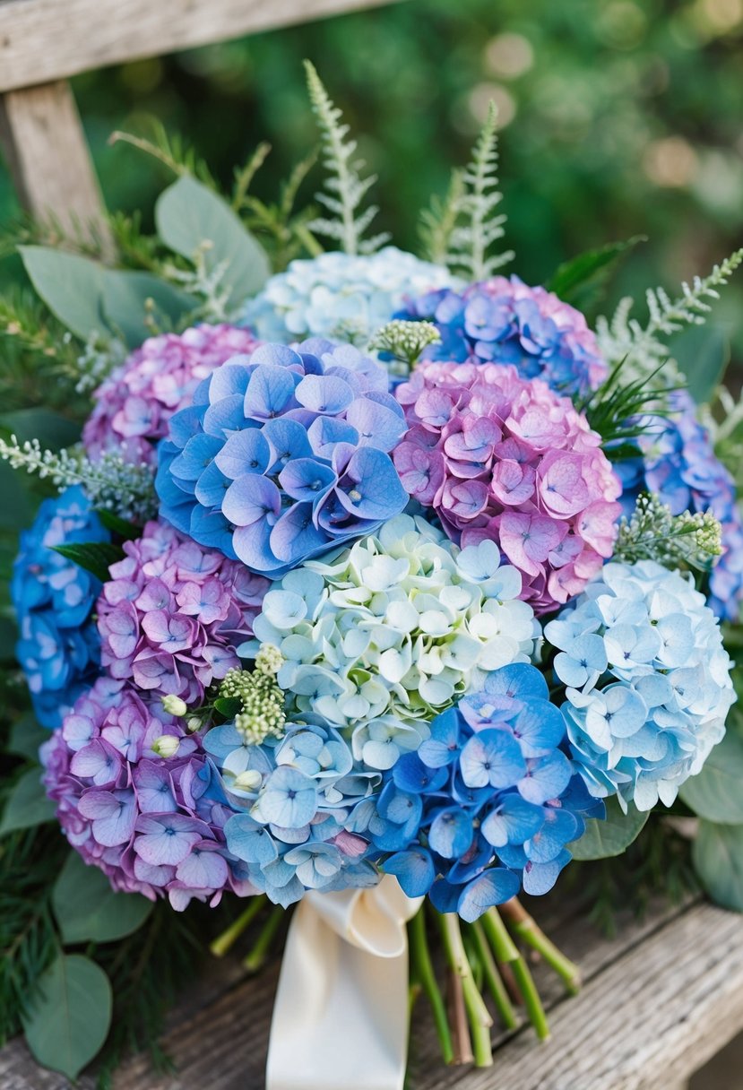 A vintage-inspired bouquet of hydrangea clusters in various shades of blue and purple, accented with delicate greenery and tied with a satin ribbon